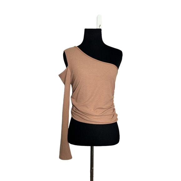 Caution To the Wind beige brown one shoulder ribbed top size Medium - Picture 9 of 9